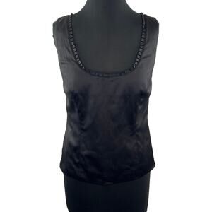 Anna Scholz Black Satin Ruffle Pleat Neckline Blouse Tank Top Sleeveless Size 12
